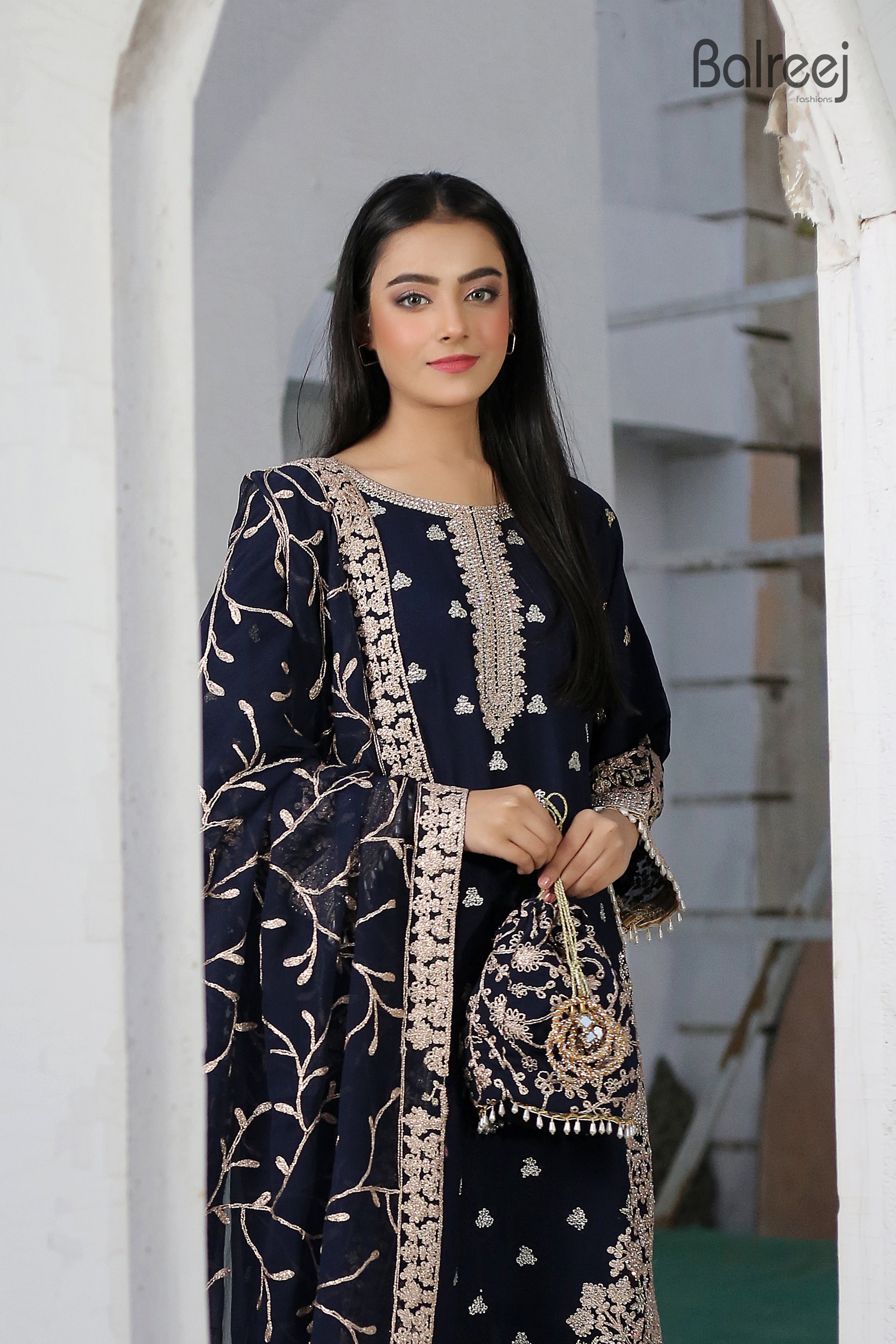 Luxury 3PC Long Shirt Suit Intricate DMC Stone Work Designer Set