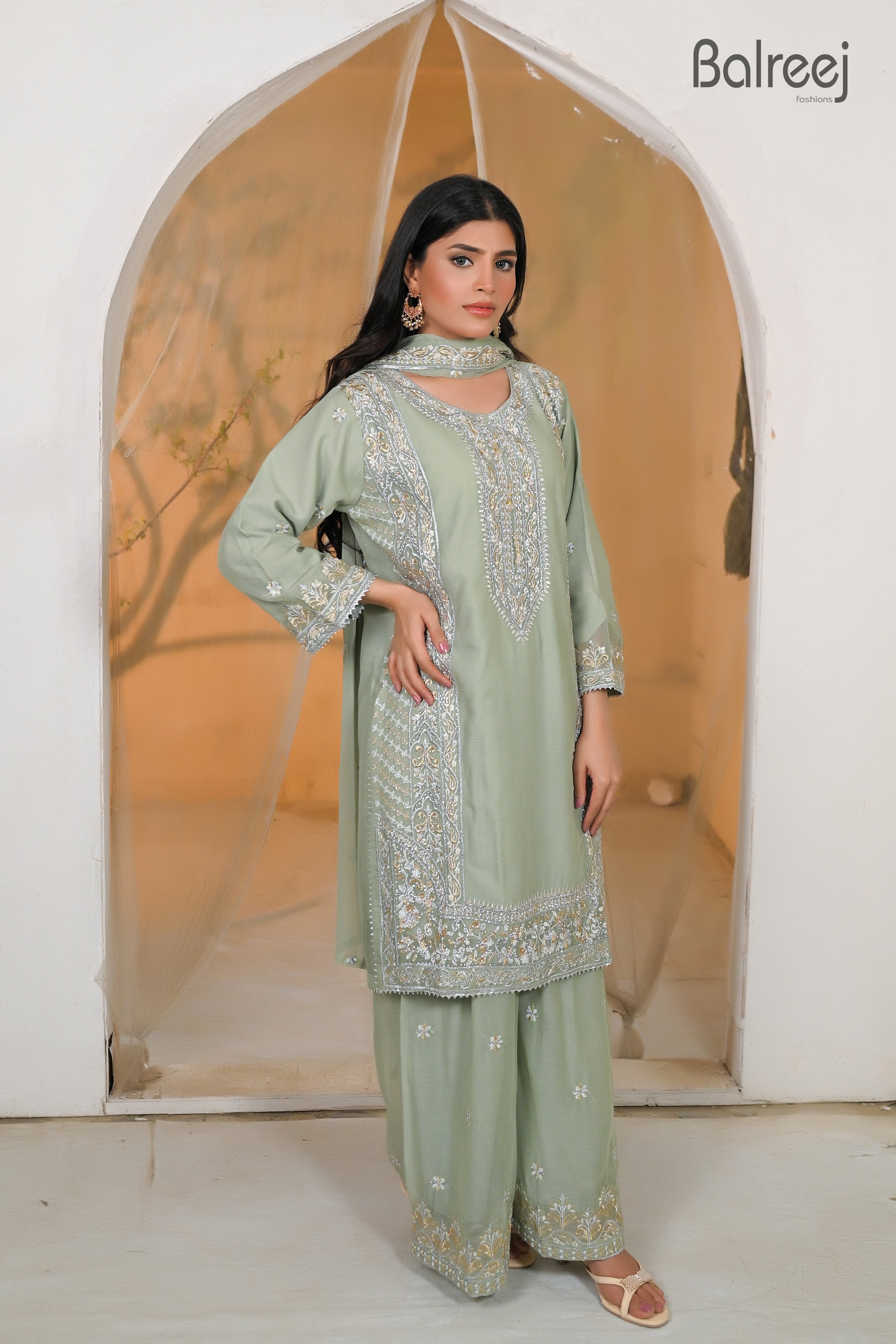 Shimmering Silver Stone Work Plazo Suit