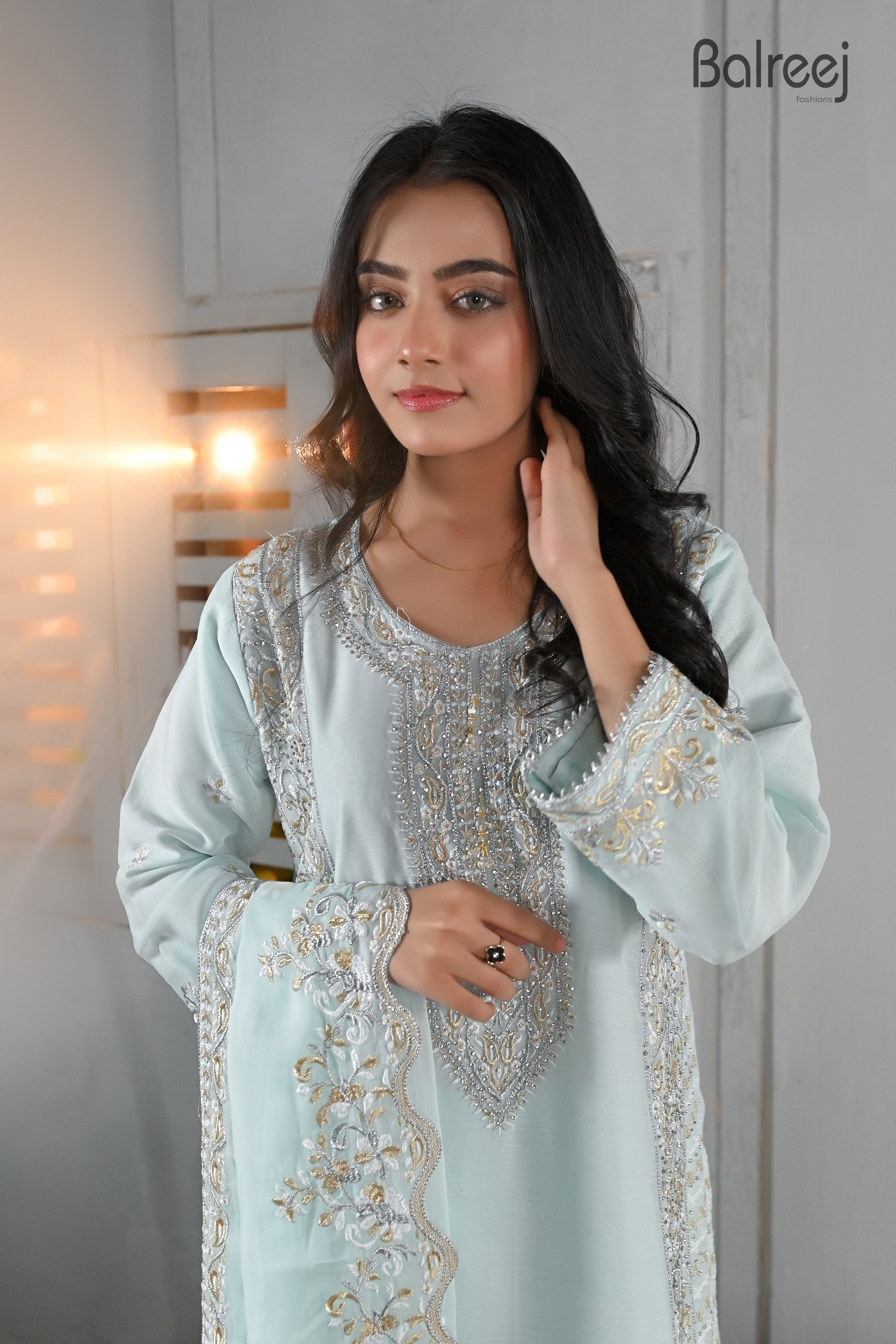 Shimmering Silver Stone Work Plazo Suit