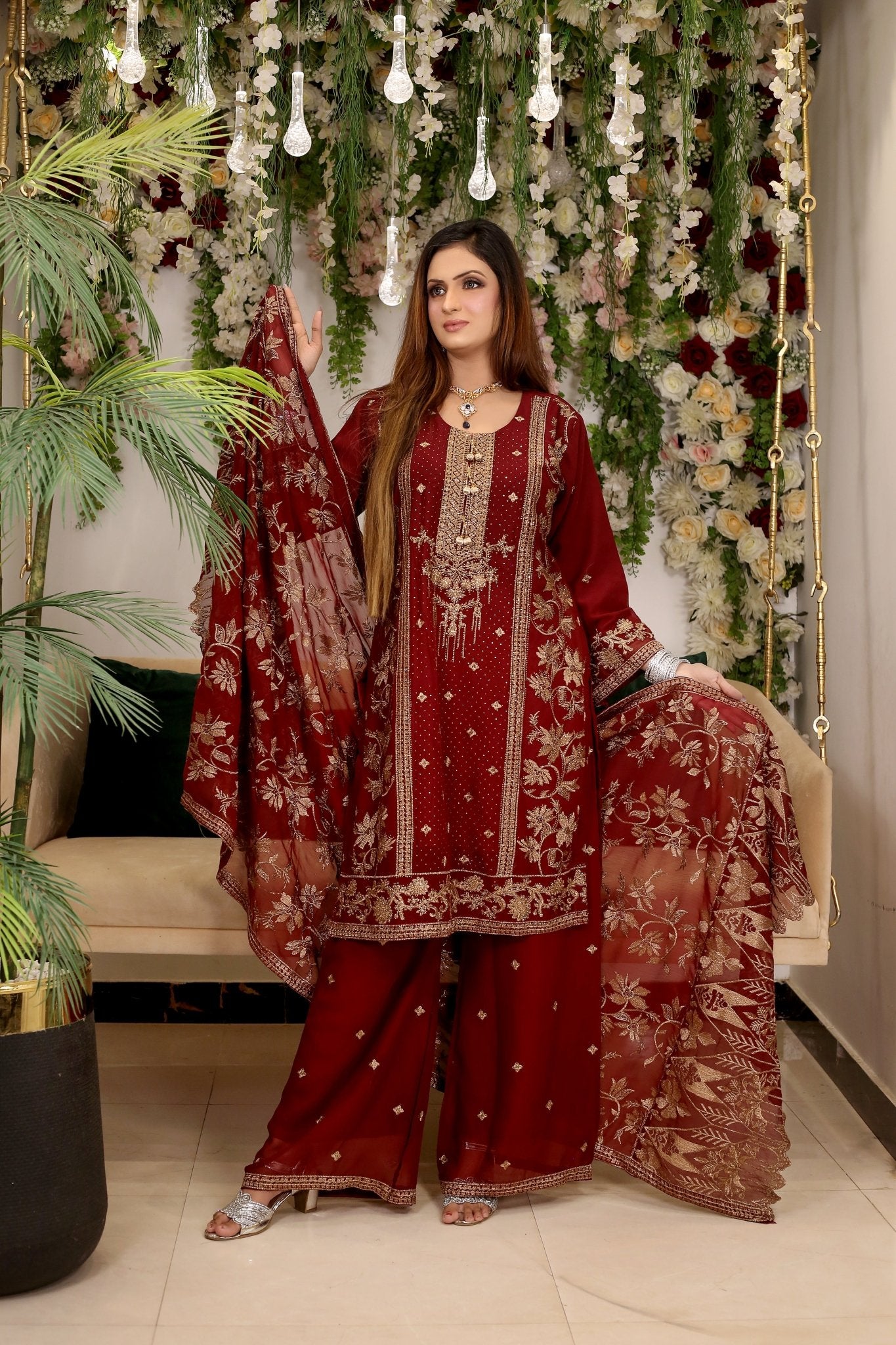 BF - 008 |Heavy Stone Work Gold Zari Plazo Dress - BalreejFashions